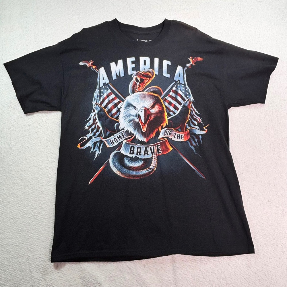 Liquid Blue America Home Of The Brave Eagle Snake Patriotic TShirt L USA Black